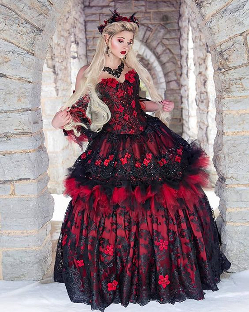 2023 Vintage Black And Red Wedding Dresses 3D Floral Appliques Princess A Line Lace Gothic Bridal Gowns With Detachable Long Sleeves Corset Plus Size 