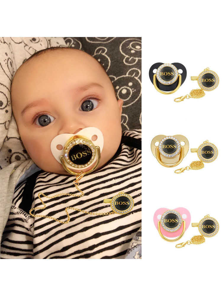 Pacifiers# Letter printed with chain clip food grade silicone dummy soothing and shining baby pacifier unique gift without bisphenol A G220612