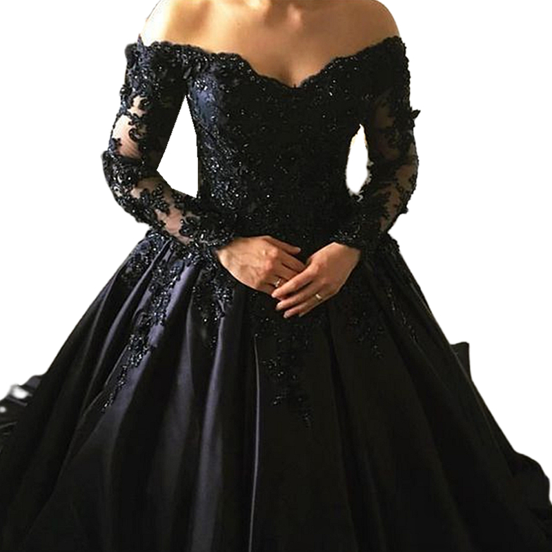 Vintage Black Gothic Wedding Dresses Long Sleeves V Neck Satin Bridal Gowns Lace Appliques Beaded Classic Bride Dress Back Lace-Up Plus Size Vestido D