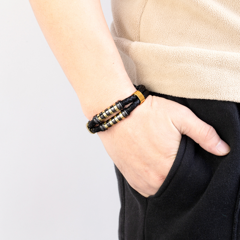 Vintage Double Layered Leather Bracelet Stainless Steel Charm Bracelets Jewelry for Men Gift