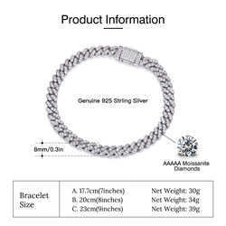 RINNTIN SMB07 Jewelry Cuban k Chain Sterg Sier DE Color Moissanite Dia Bracelet