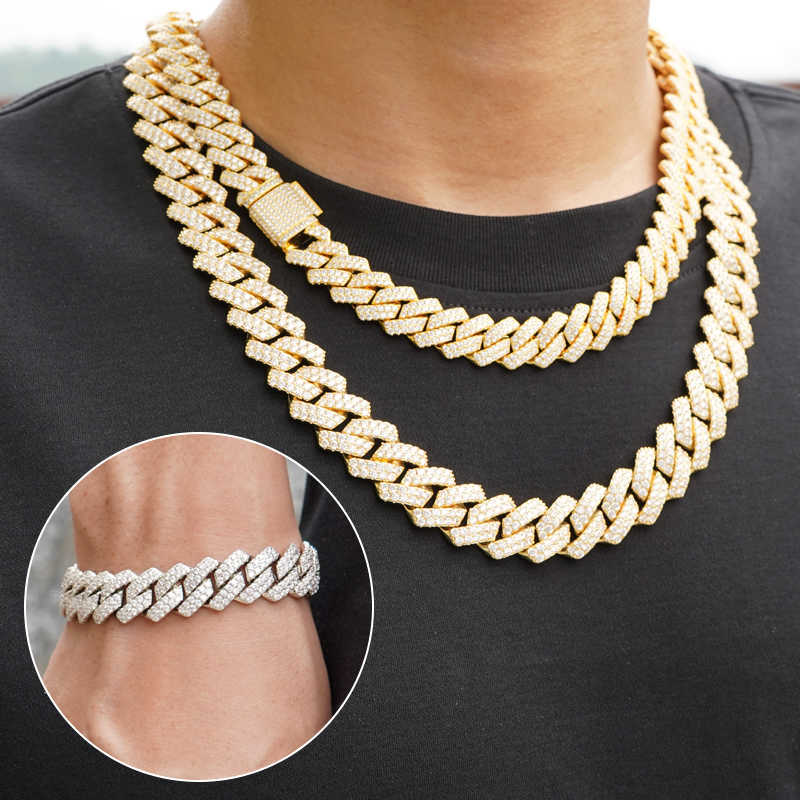 Designer bracelet with 2 rows of diasMens Moissanite Vvs Necklace Gold Plated Sier Jewelry Cuban Link Chain for Men