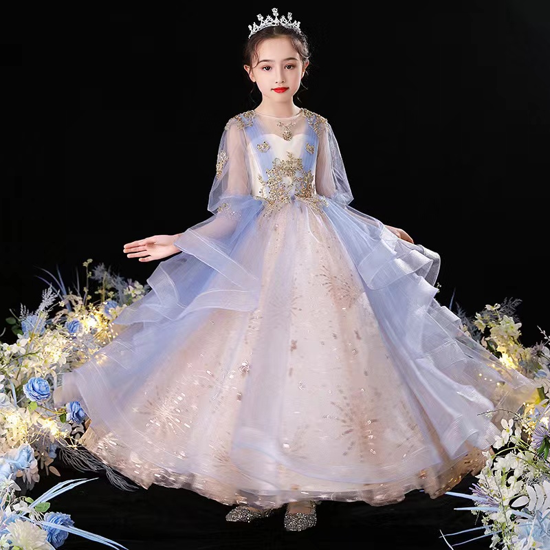 Blue Ball Gown Lace Flower Dresses For Wedding Sheer Jewel Neck Beaded Toddler Pageant Gowns Floor Length Bling Kids Prom Girl Birthday Christmas Dres