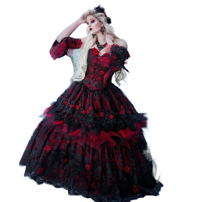 2023 Vintage Black And Red Wedding Dresses 3D Floral Appliques Princess A Line Lace Gothic Bridal Gowns With Detachable Long Sleeves Corset Plus Size 