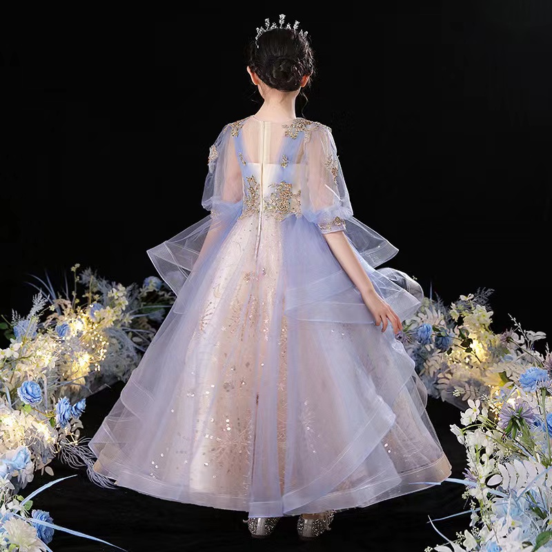Blue Ball Gown Lace Flower Dresses For Wedding Sheer Jewel Neck Beaded Toddler Pageant Gowns Floor Length Bling Kids Prom Girl Birthday Christmas Dres