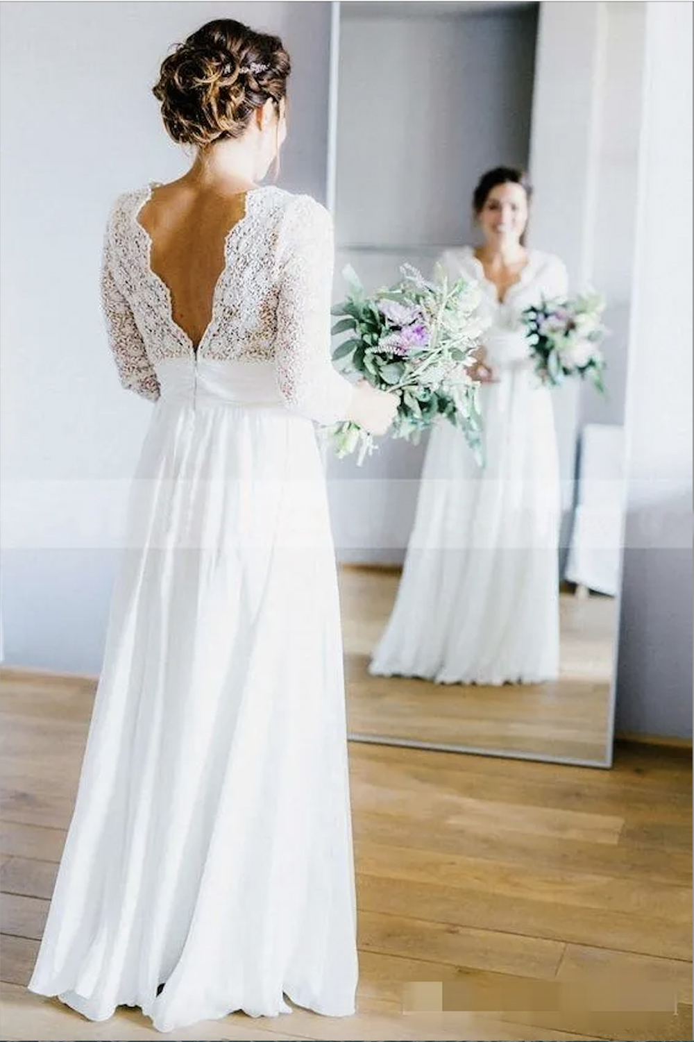 2023 Country A Line Dresses With 3/4 Long Sleeves Lace Chiffon Custom Made V Neck Floor Length Wedding Bridal Gown 0431