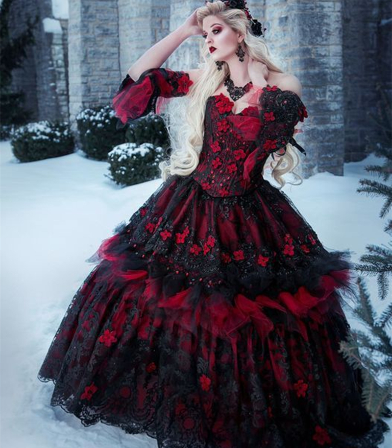 2023 Vintage Black And Red Wedding Dresses 3D Floral Appliques Princess A Line Lace Gothic Bridal Gowns With Detachable Long Sleeves Corset Plus Size 