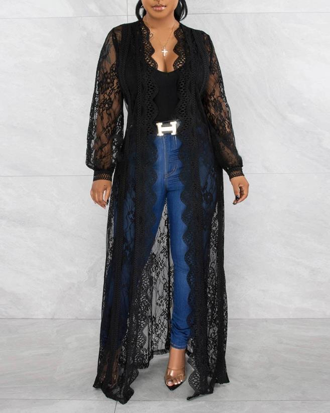 Women's Trench Coat Jacket 2023 Spring Fashion Crochet Lace Scallop Trim Casual Long Sleeve Plain Open Front Longline Daily Straight 230612