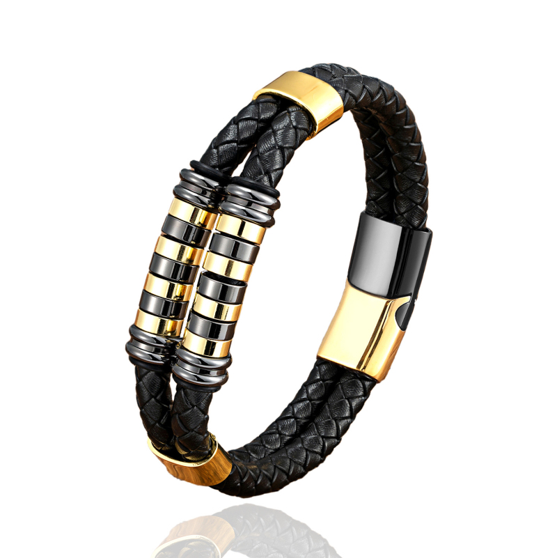 Vintage Double Layered Leather Bracelet Stainless Steel Charm Bracelets Jewelry for Men Gift