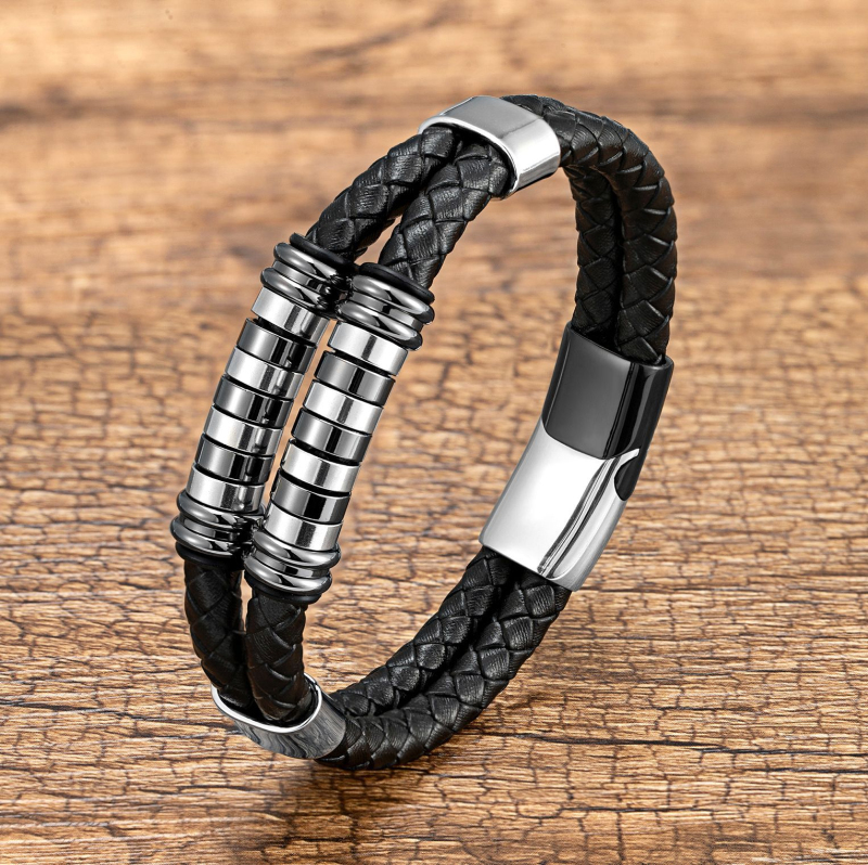 Vintage Double Layered Leather Bracelet Stainless Steel Charm Bracelets Jewelry for Men Gift
