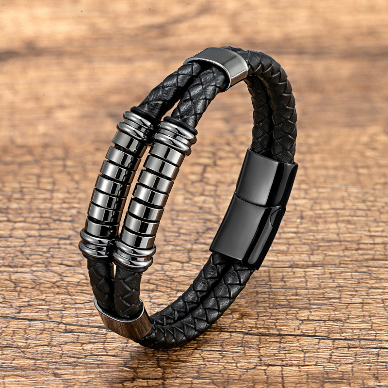 Vintage Double Layered Leather Bracelet Stainless Steel Charm Bracelets Jewelry for Men Gift