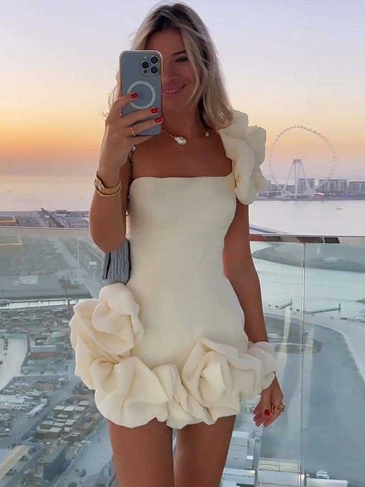 Casual Dresses Elegant Flower Edge Mini Dress Women Fashion Slim Off Shoulder Rose Pleated Short Robe 2023 Spring Female Party Evening Dresses Z0612