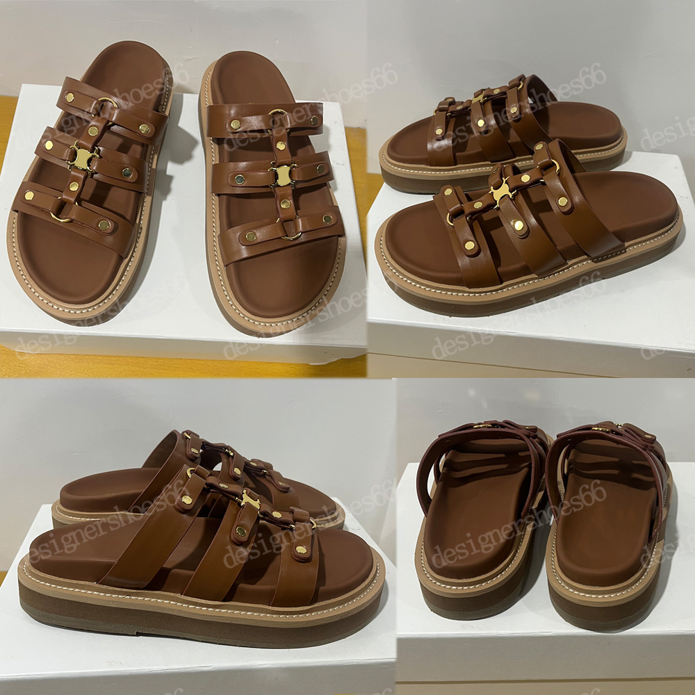 SLIDES TIPPI IN CALFSKIN VEGETAL TANNING TAN TRIOMPHE SANDALS COMFORTABLE INSOLE designer Sandals with logo Classic fashionable summer vintage beach sandal