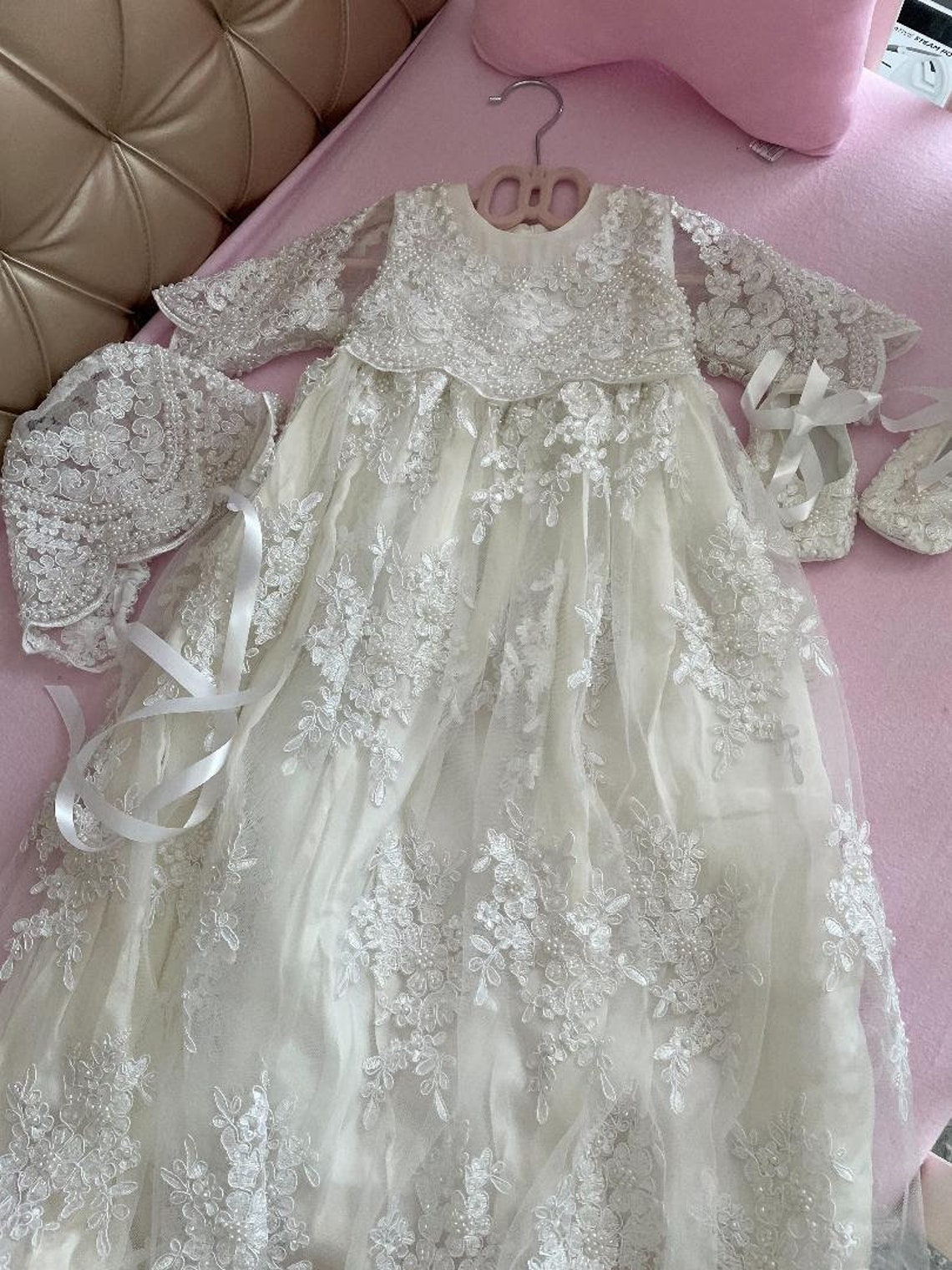 Vintage Pearls Christening Dresses for Baby Long Sleeve Appliques Infant Toddler First Communion Gown White A Line O Neck Long Baptism Dress for Newbo