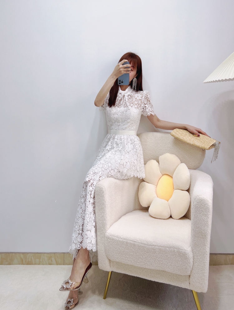 Casual Dresses S/elf-Portrait Lace Midi Dress Short Sleeve A-line Midi Dress for Women white