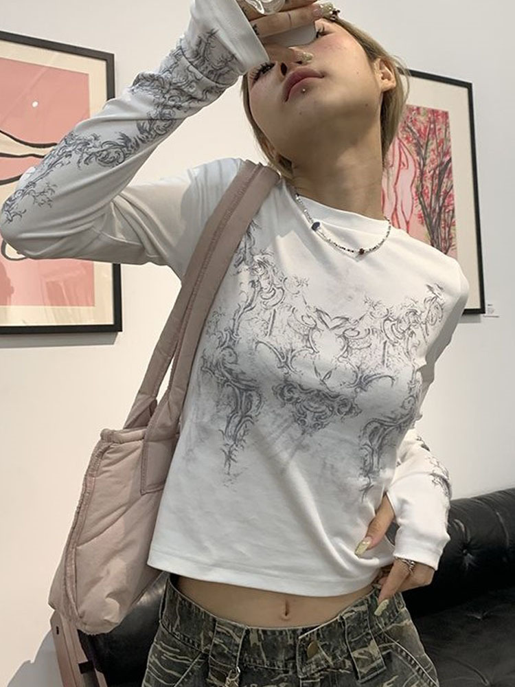 Women's T-Shirt Y2K T Shirts Women Vintage O-neck Tee Ladies Long Sleeve Grunge Print Casual Crop Tops Female Graphic Japanese Streetwear 230612