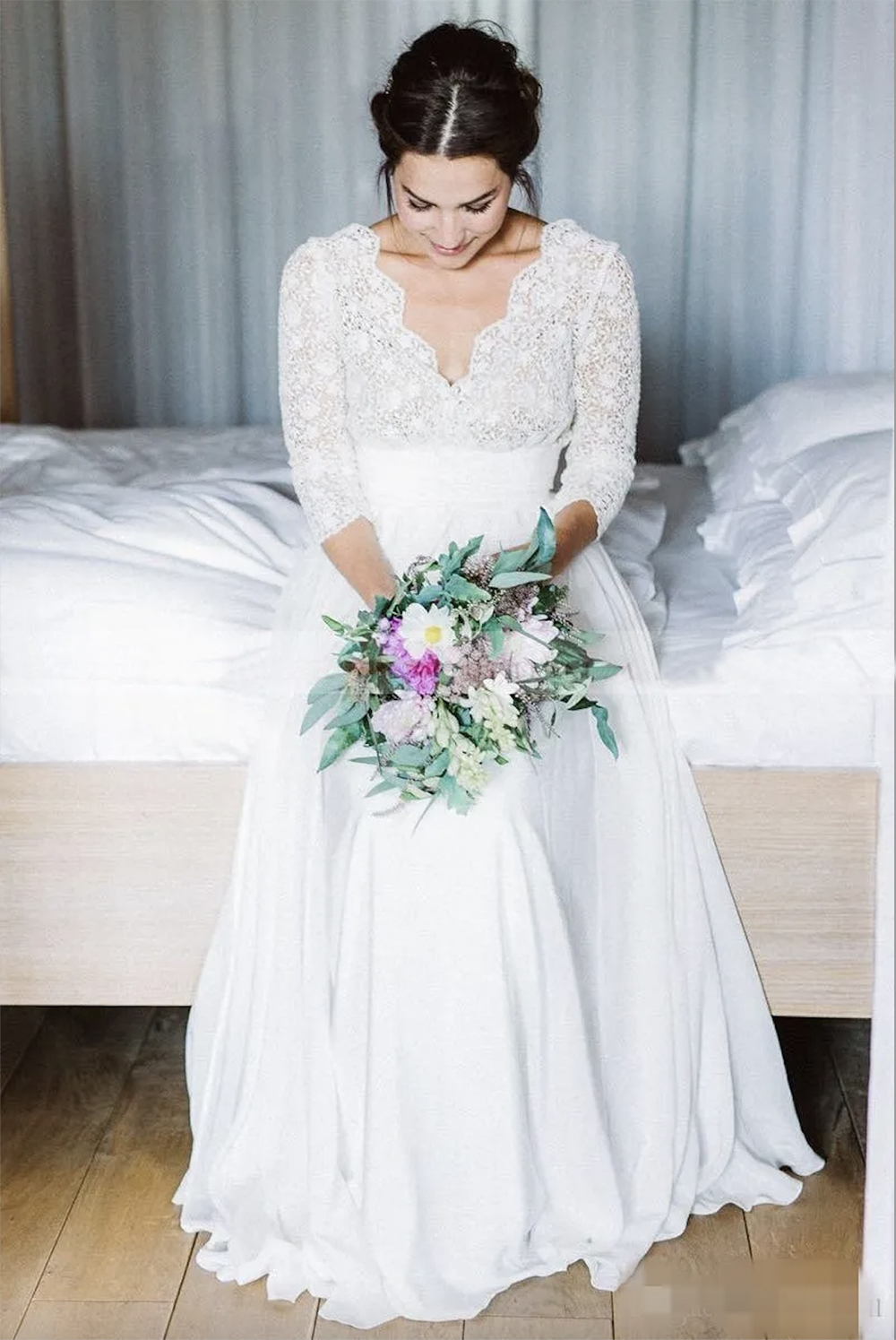 2023 Country A Line Dresses With 3/4 Long Sleeves Lace Chiffon Custom Made V Neck Floor Length Wedding Bridal Gown 0431