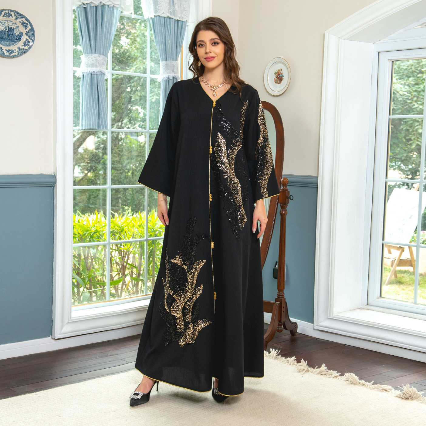 Ethnic Clothing Abaya for Women Morocco Arab Dubai Muslim Women's Long Sleeve Spliced Beaded Embroidered Loose fitting Dress 230613