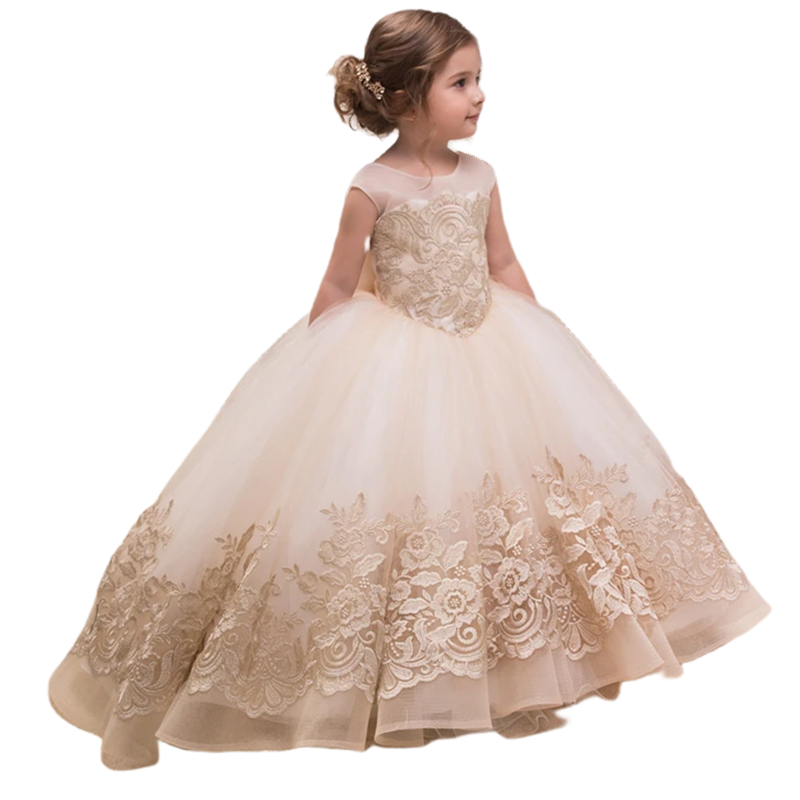 Champagne Lace Appliques Ball Gown Flower Girl Dresses Sleeveless Bow Back Kids Toddler Wedding Party Dress First Communion Gowns