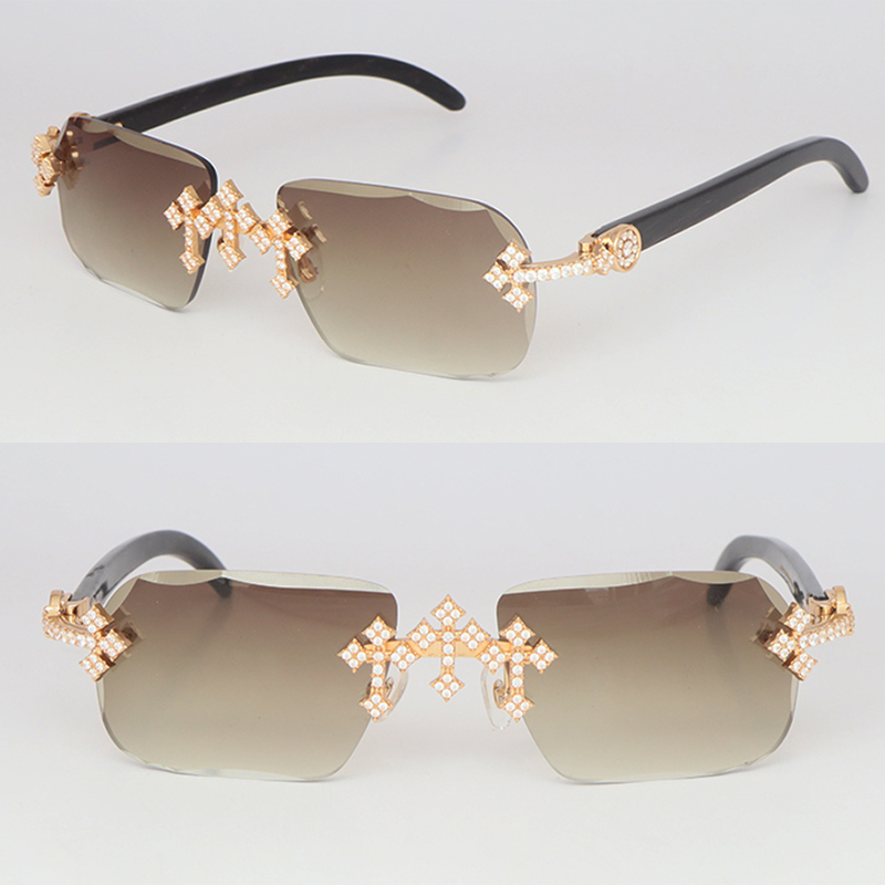 Luxury Moissanite Diamond Set Rimless Sunglasses Womans Big Stones Diamond Sun glasses Original Black Buffalo Horn Limited edition Sunglasses Men Woman Size 58