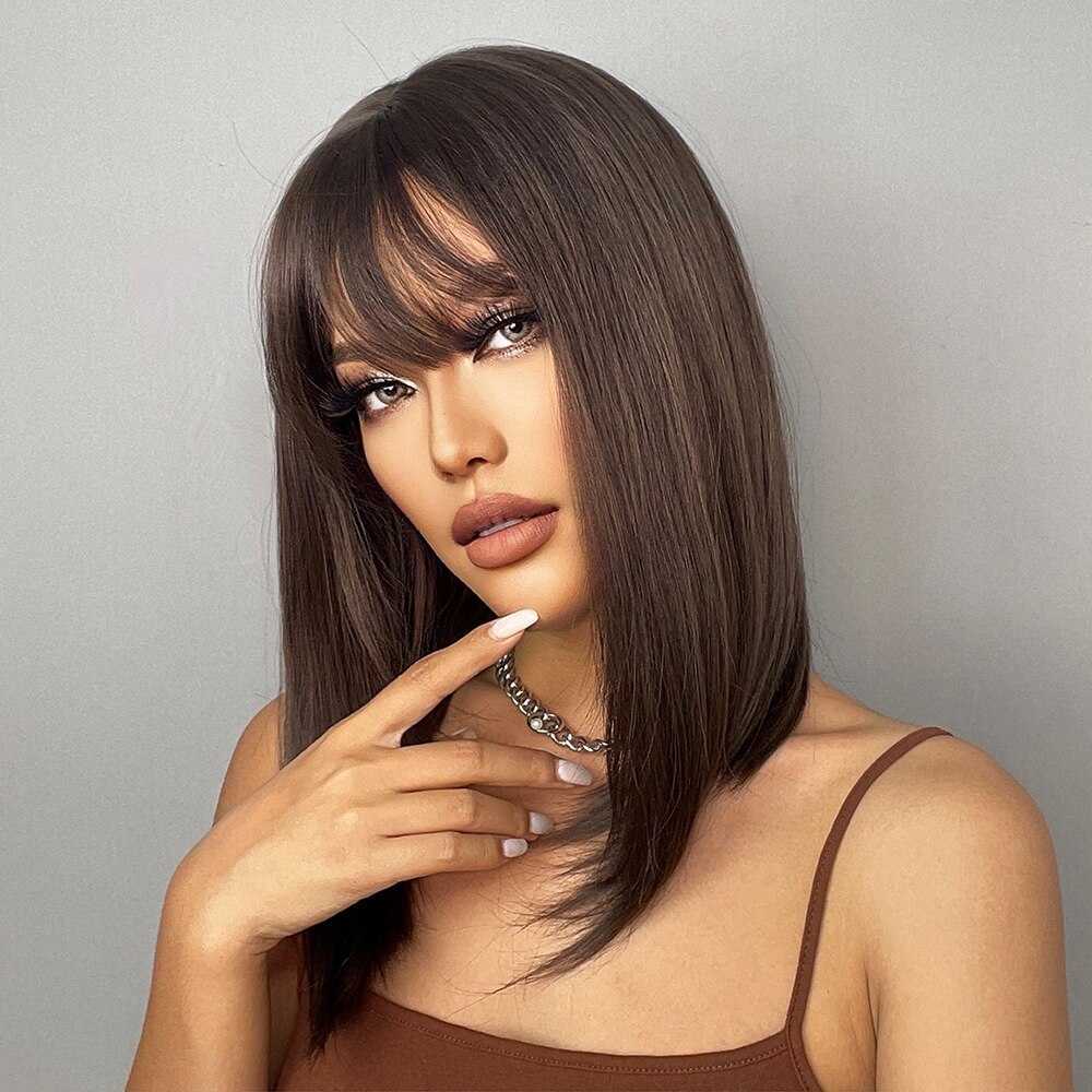 Lace Wigs Brown Bob Wigs With Bangs For Women Shoulder Length Bob With Dark Roots For Girl Use Z0613