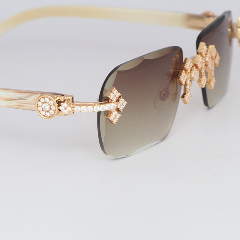 Moissanite Set Rimless Womans Big Stones Dia Sun glasses Original White Horn Limited edition Sunglasses Men Woman Size 58 New