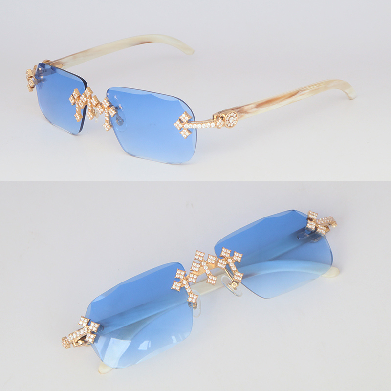 Moissanite Set Rimless Womans Big Stones Dia Sun glasses Original White Horn Limited edition Sunglasses Men Woman Size 58 New