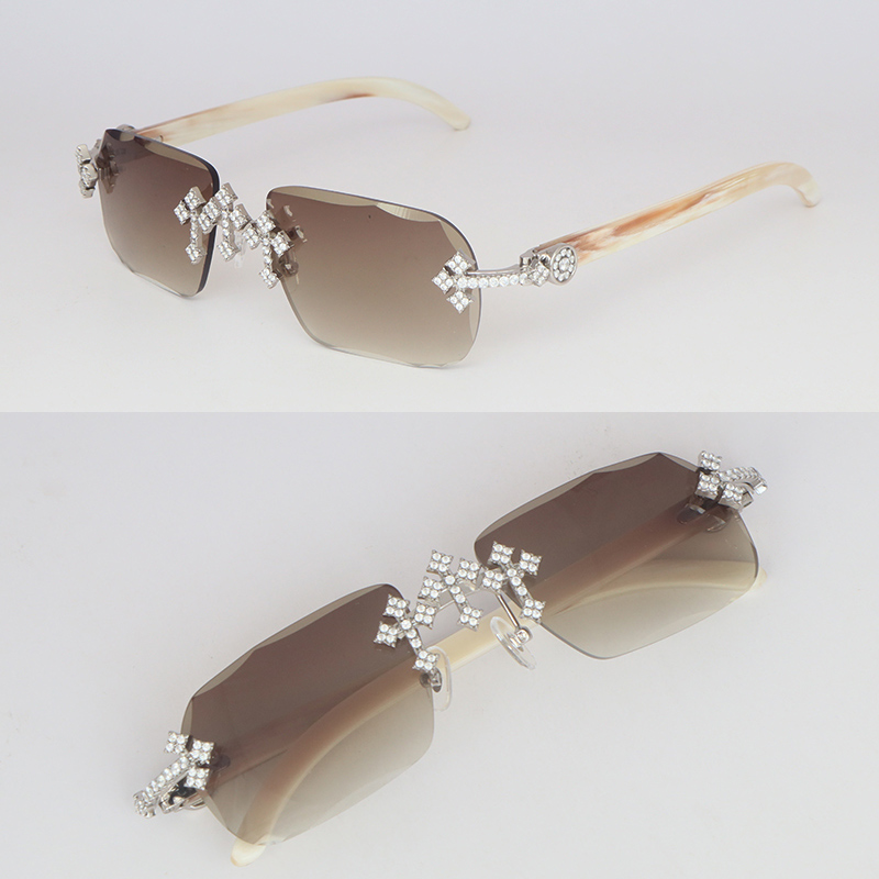 Moissanite Set Rimless Womans Big Stones Dia Sun glasses Original White Horn Limited edition Sunglasses Men Woman Size 58 New