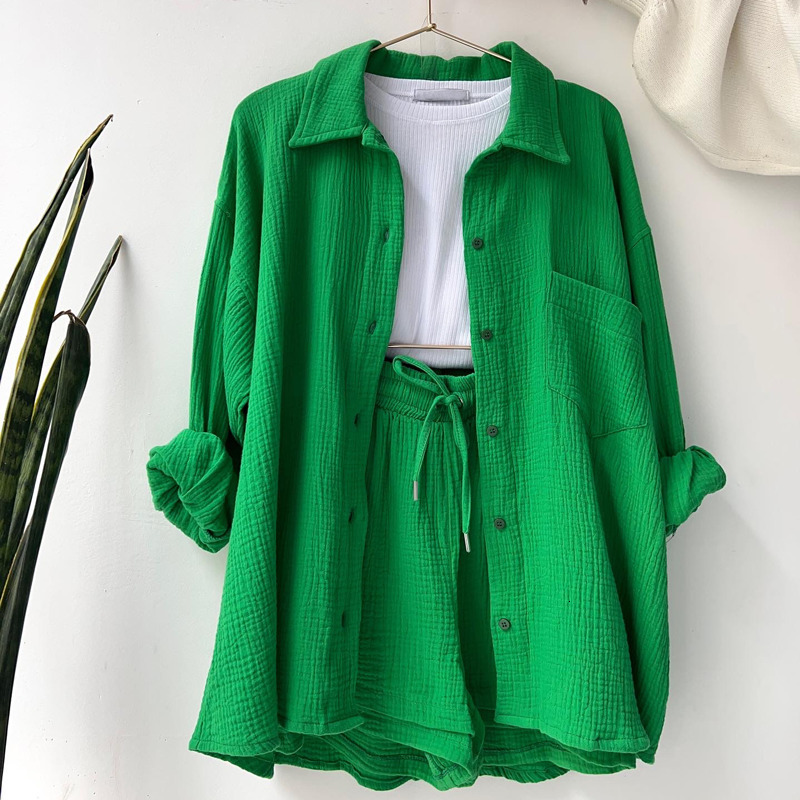 Women's Two Piece Pants Summer Women's Two Piece Casual Long Sleeve Short Sets Fashion Button Outfits Suit Solid Pleated Two Piece Set For W