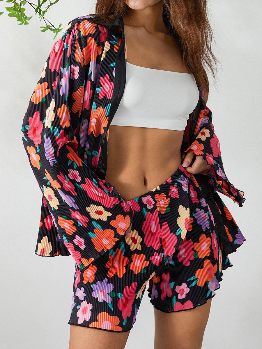 Women's Two Piece Pants wsevypo Women Two-piece Pleated Shorts Suits Chic Fashion Flower Print Long Sleeve Shirts and Loose Shorts Matching Set 2