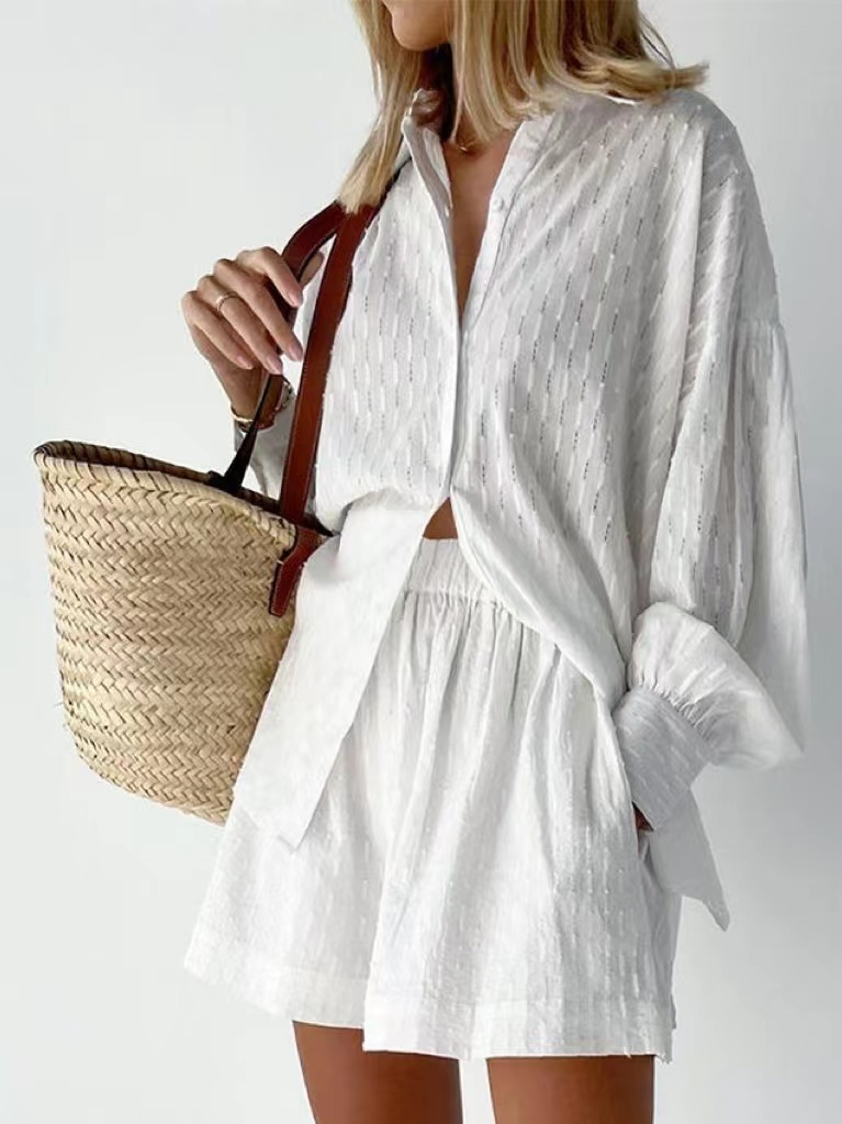 Women's Two Piece Pants Beach Shirt Shorts Two-Piece Set Women Summer Casual Tracksuit Female Loose Long Sleeve Top Suit Lounge Wear Homewear 230