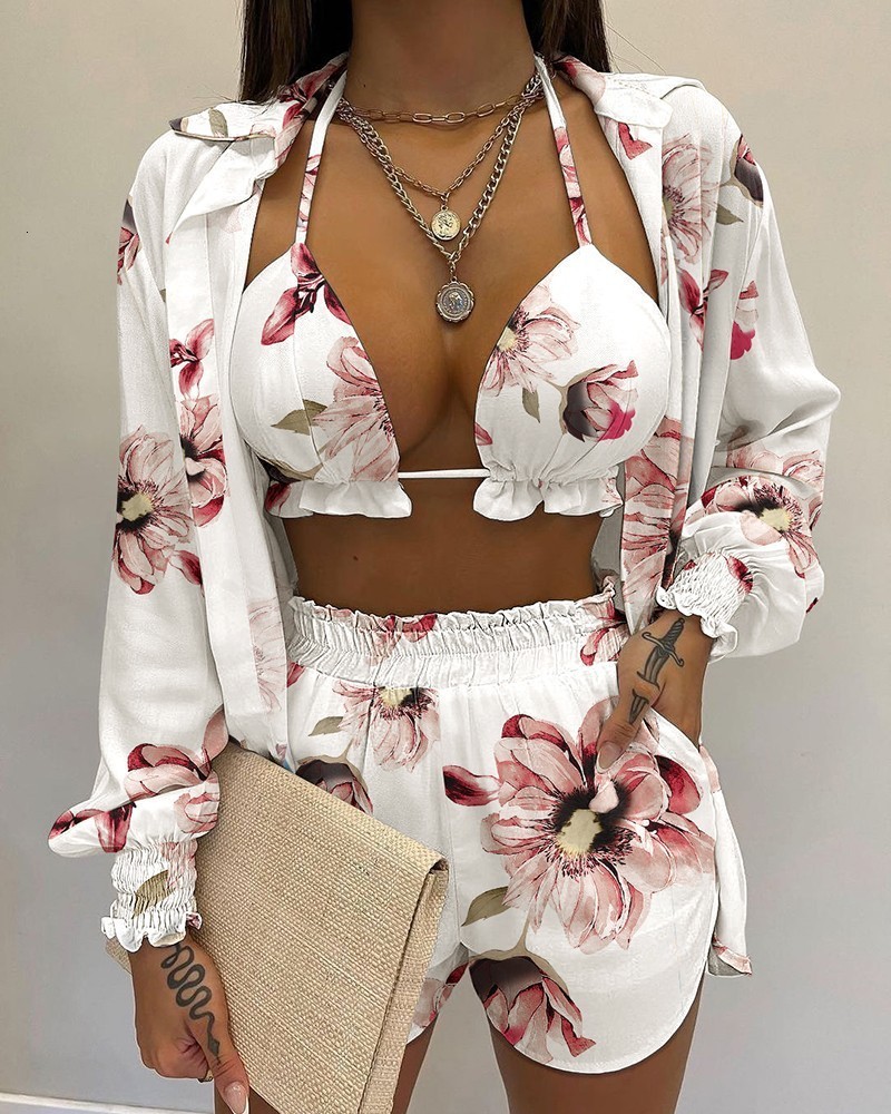 Women's Two Piece Pants Summer Women's Three-Piece Suit Fashion Beach Style Holiday Style Solid Color Printing Casual Sexy 3-Piece Suit Wome