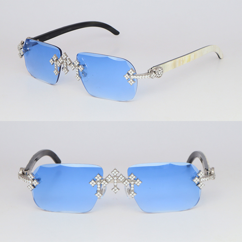 Cross Accessories Moissanite Set Rimless Womans Big Stones Dia Sun glasses Original White Buffalo Horn Men Women Sunglasses Size 58