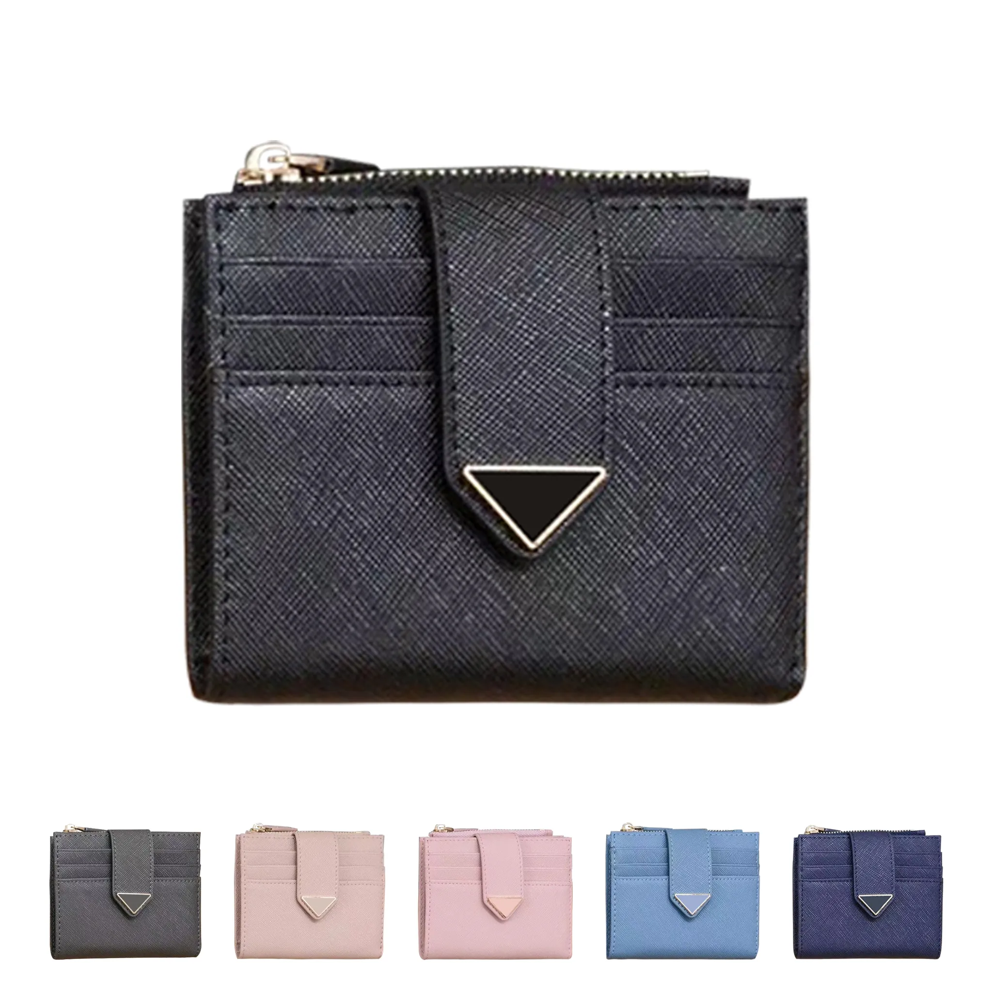 

luxury Saffiano Triangle short wallets cards holder Womens mens Designer with box cardholder smooth Leather coin purses wallet 9 card slots key pouch Snap closure, Black