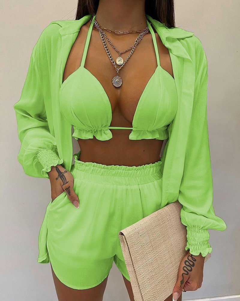 Women's Two Piece Pants Summer Women's Three-Piece Suit Fashion Beach Style Holiday Style Solid Color Printing Casual Sexy 3-Piece Suit Wome