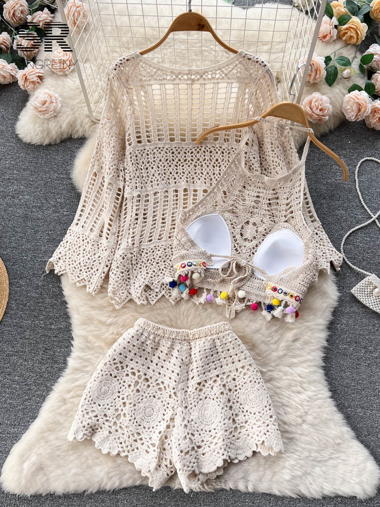 Women's Two Piece Pants SINGREINY Hook Beach Style Three Piece Sets Women Hollow Out Cardigan Halter Camisole Wide Leg Shorts Vacation Knitted Su