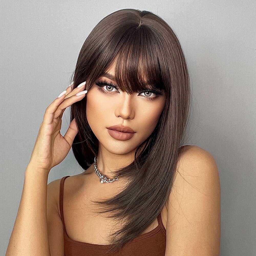 Lace Wigs Brown Bob Wigs With Bangs For Women Shoulder Length Bob With Dark Roots For Girl Use Z0613