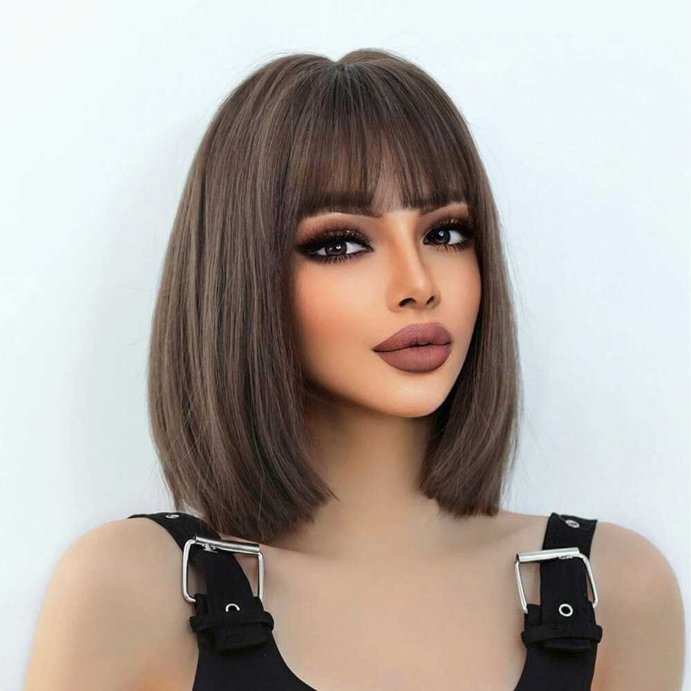 Lace Wigs Brown Short Bob Wig Girl Daily Wear Synthetic Wig New Style Natural Soft Summer Heat Resistant Wig With Bangs Z0613