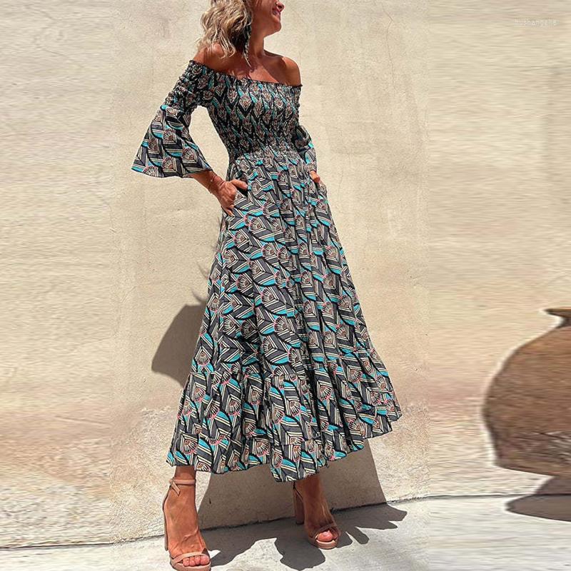 Casual Dresses Elegant Ladies High Waist A-line Dress Summer Off Shoulder Flared Long Sleeve Vintage Feather Print Womens