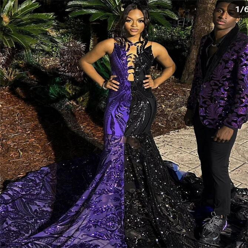 Luxury Sequin Prom Dress Black With Purple 2023 Elegant Mermaid Black Girls Evening Gowns Plus Size Glitter Formal Occasion Wear robe de soiree vestid