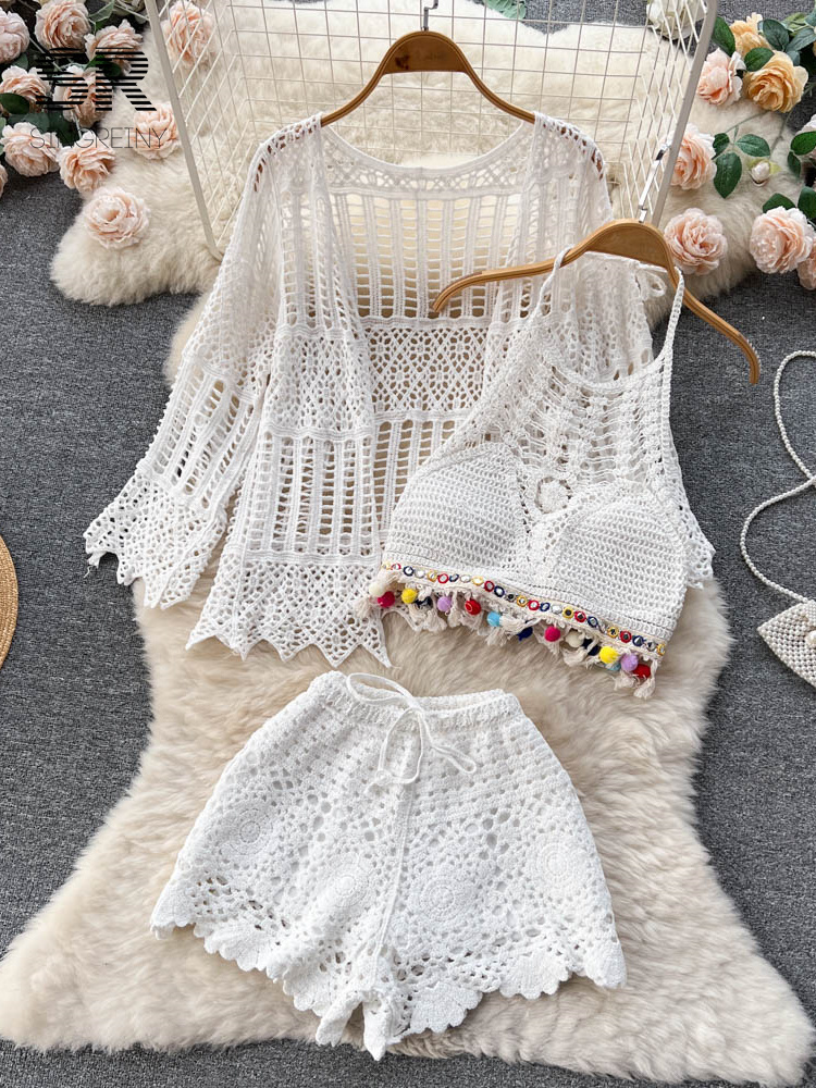 Women's Two Piece Pants SINGREINY Hook Beach Style Three Piece Sets Women Hollow Out Cardigan Halter Camisole Wide Leg Shorts Vacation Knitted Su