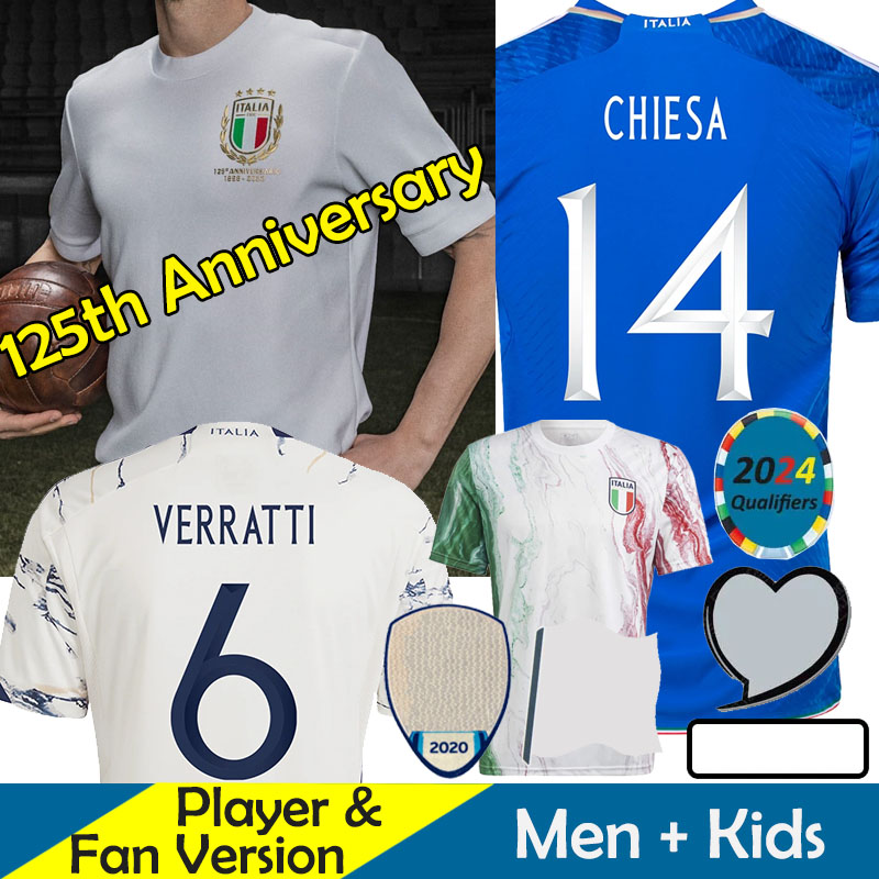 

2023 Italy Soccer Jerseys 125th Years Anniversary White Kids Kit CHIESA VERRATTI BARELLA World Cup Nationals GK Football Shirt DONNARUMMA League Euro Qualifiers, 23-24 home
