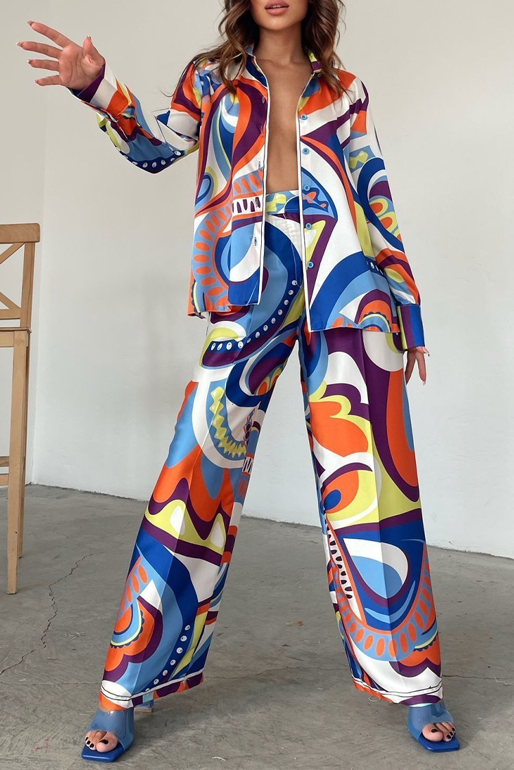 Women's Two Piece Pants Woman Satin Print Shirt Trousers Two Piece Suit Casual Oversized Long Sleeve Top Straight Pants Set Female Elegant Outifi