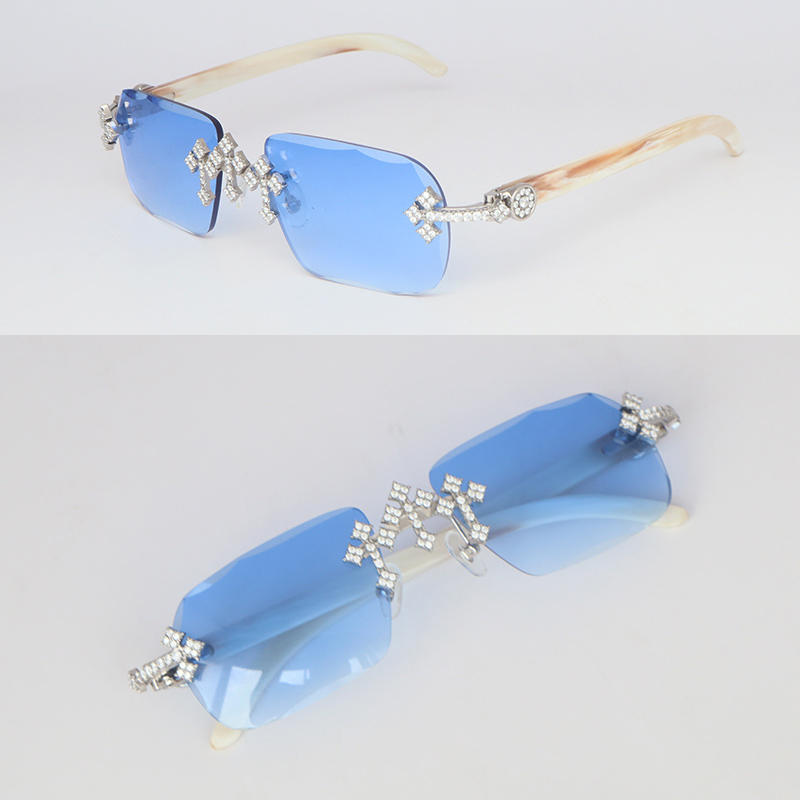 Moissanite Set Rimless Womans Big Stones Dia Sun glasses Original White Horn Limited edition Sunglasses Men Woman Size 58 New