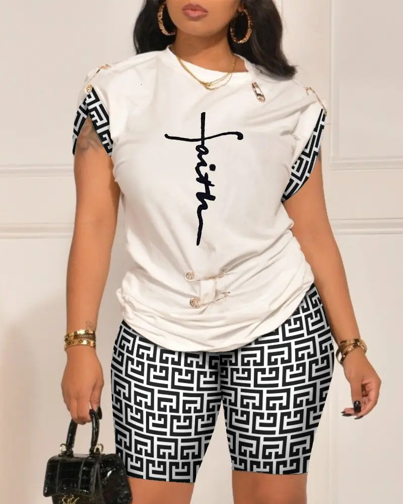 Women's Two Piece Pants Summer Women's Set Fashion Round Neck Printed Pin Top Shorts Casual Sports Elegant Women's Set Two Piece Set 23