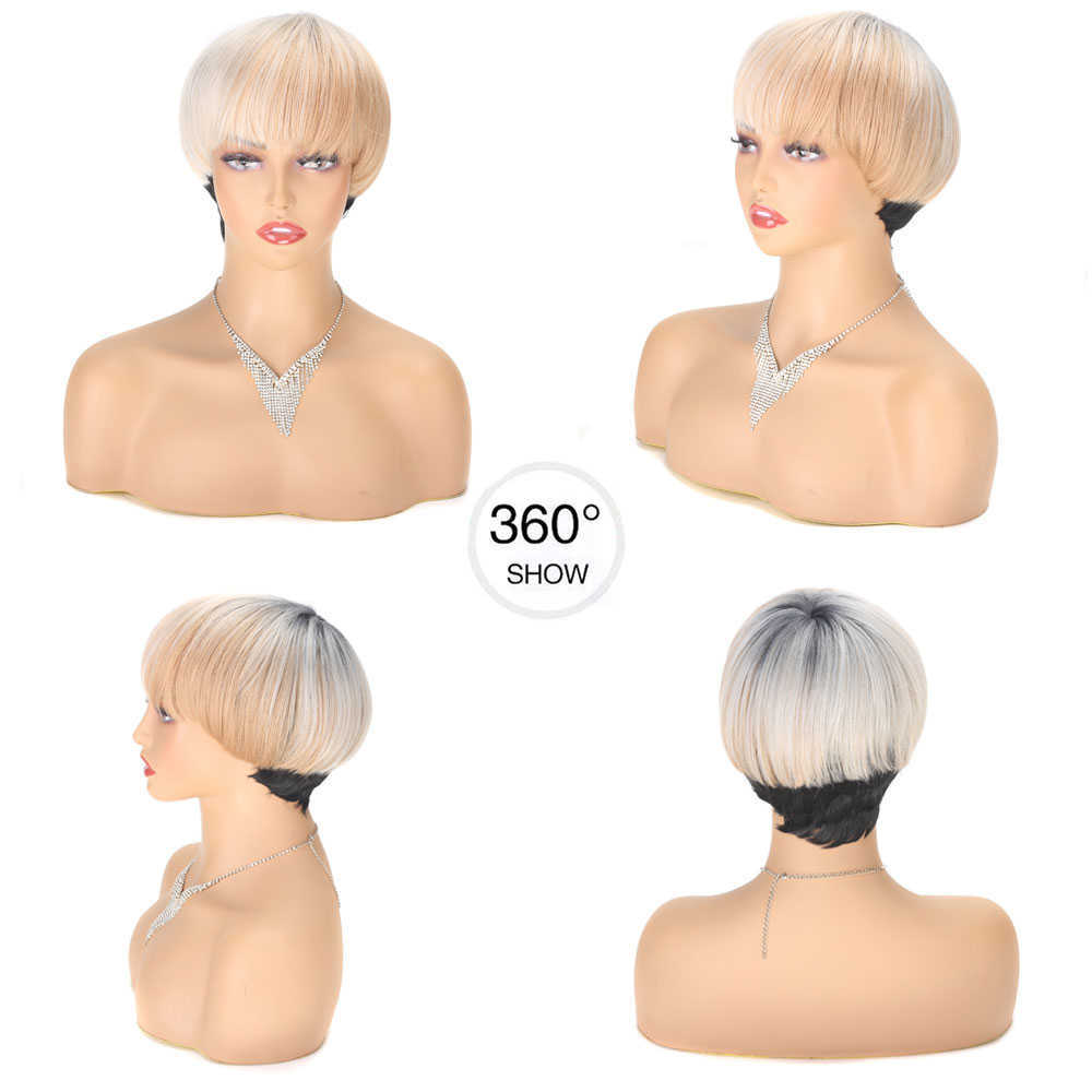 Lace Wigs Short Pixie Cut Wigs Synthetic Hair with Bangs Wavy Purple Blonde Black Wig for Women Heat Resistant Bob Wig Female Z0613