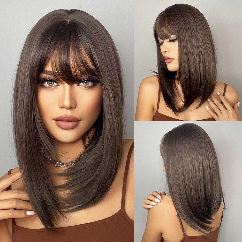 Lace Wigs Brown Bob Wigs With Bangs For Women Shoulder Length Bob With Dark Roots For Girl Use Z0613