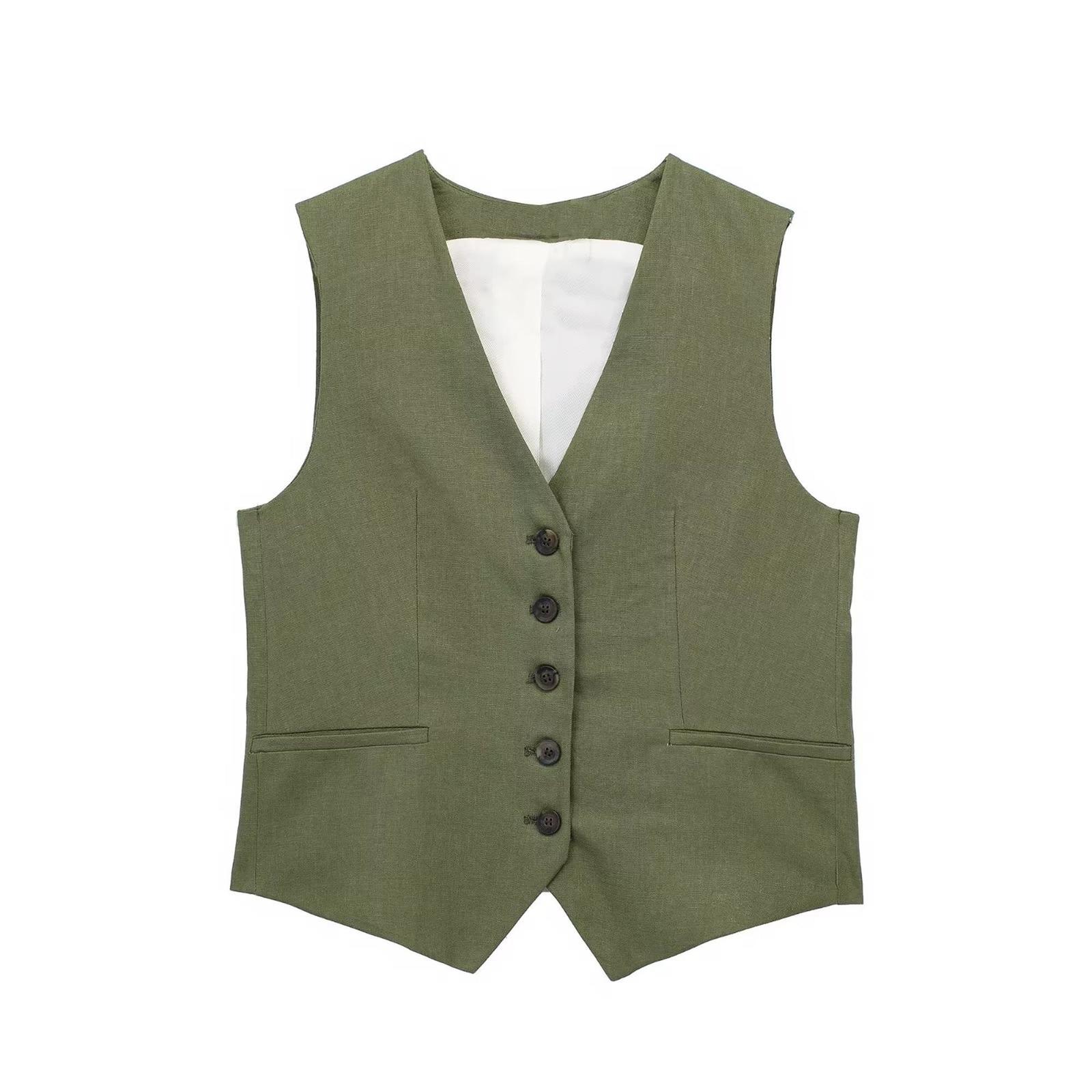 Women's Two Piece Pants TRAF Women Solid Vest Blazer Sets Summer V-neck Single Breasted Jacket A-Line Zipper Short Trouser Causal Basic Suits 230