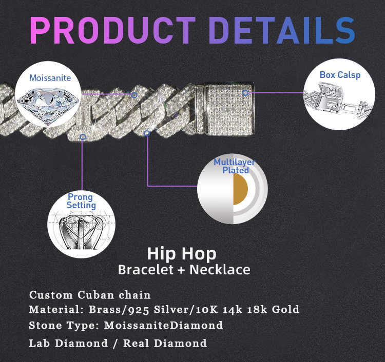 Factory Wholesale Hip Hop Sier 15mm Chain Baguette Moissanite Tow Tones Bracelets Custom 10K 14K Cuban k Men Jewelry