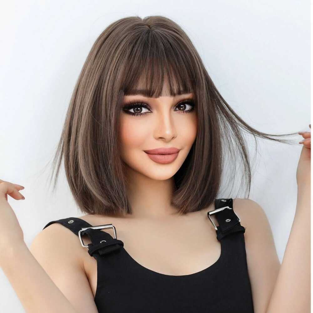 Lace Wigs Brown Short Bob Wig Girl Daily Wear Synthetic Wig New Style Natural Soft Summer Heat Resistant Wig With Bangs Z0613